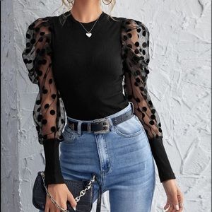 Black  mesh dot sleeve top